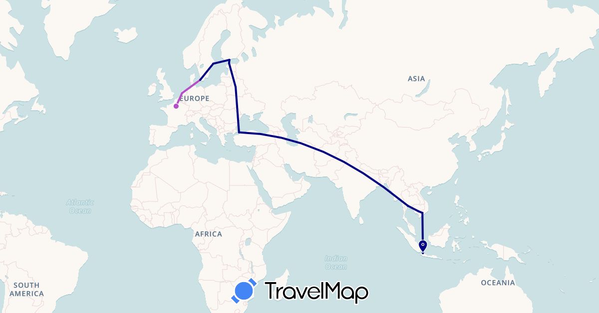 TravelMap itinerary: driving, train in Belarus, Denmark, Estonia, Finland, France, Indonesia, Cambodia, Netherlands, Sweden, Thailand, Turkey, Vietnam (Asia, Europe)